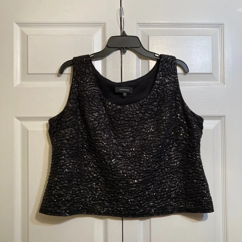 6/27/26 R&M Richards Black Glitter Shimmer Sleeveless Evening Tank Top Size L - Picture 1 of 9